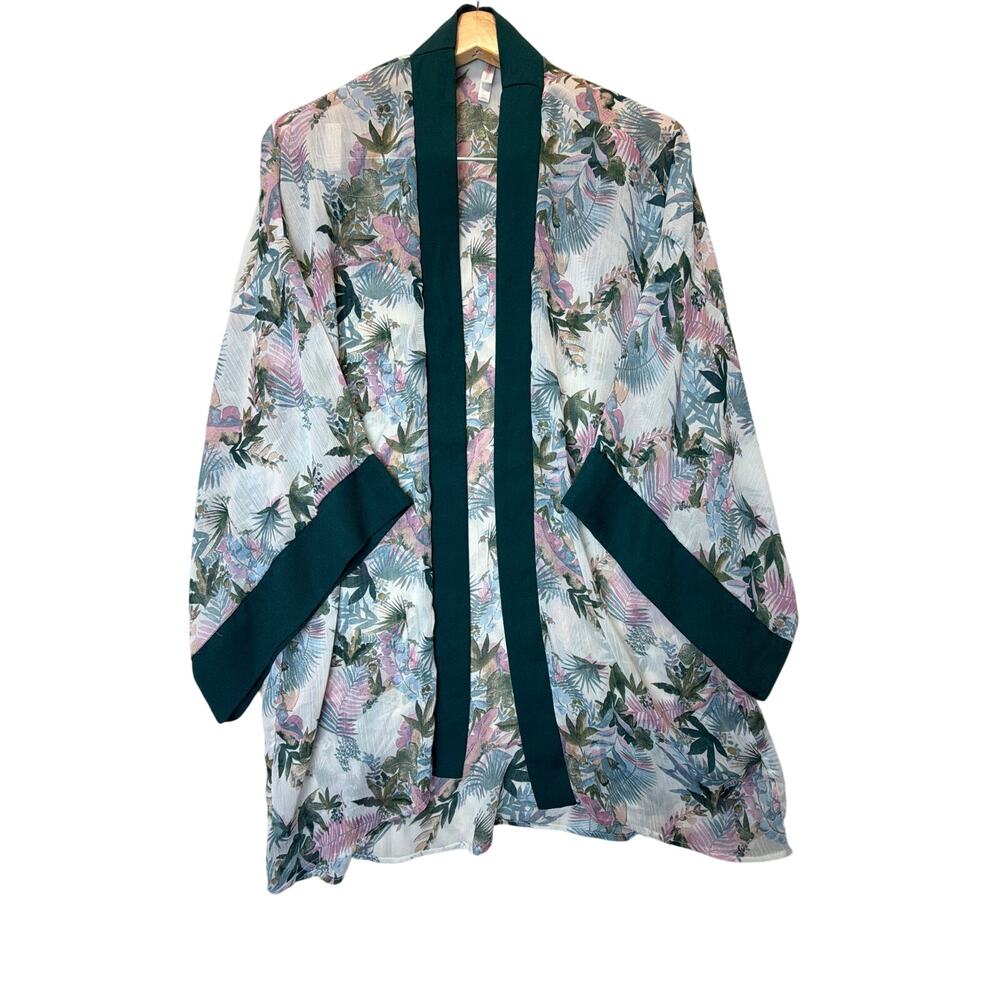 Xhilaration Tropical Floral Sheer Kimono‎ Cardigan Teal Trim M/L boho vacation